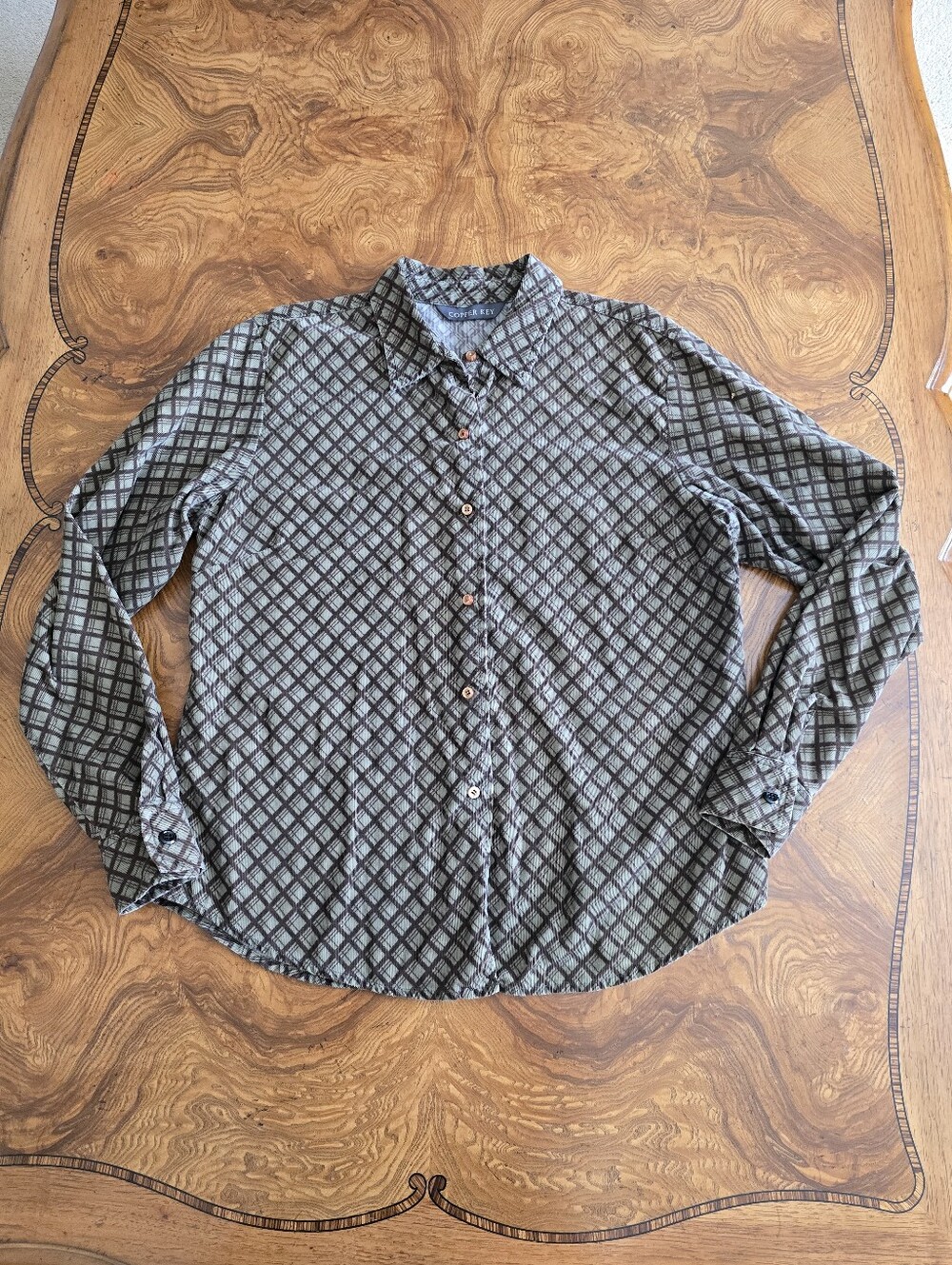 Copper Key Olive And Brown Diamond Pattern Corduroy Button Up Shirt Womens L